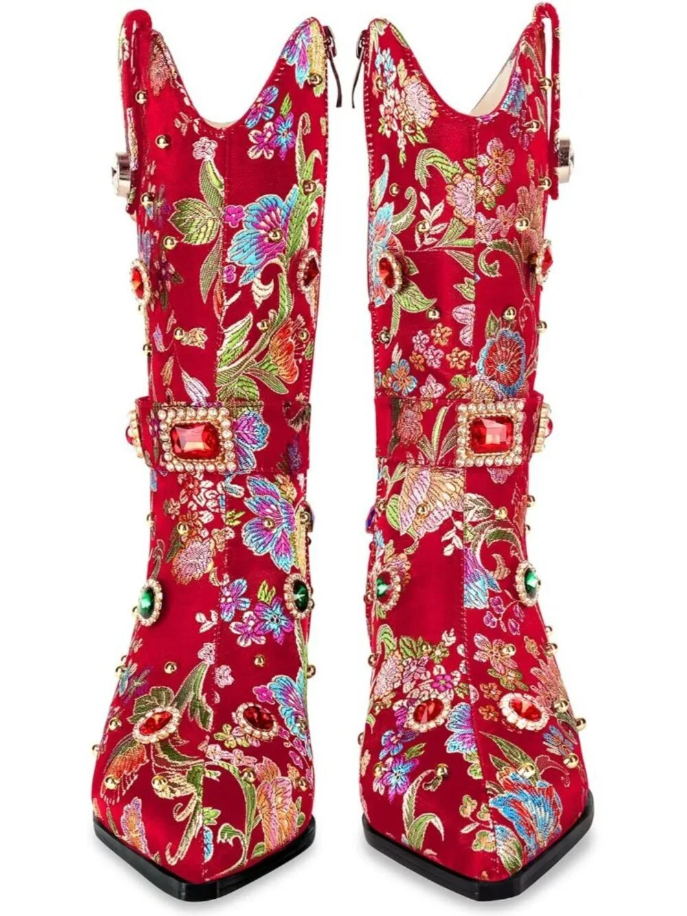 Women's Red Western Floral Embroidery Rhinestone Sparkly Cowgirl Mid Calf Boot